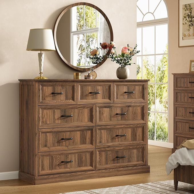 Farmhouse 9 Drawer Dresser for Bedroom, 55 Inch Wide Modern Walnut Dresser TV Stand with Large Drawers & Bar Handles, Rustic Wood Chest of Drawers for Bedroom, Living Room, Hallway, Entryway.