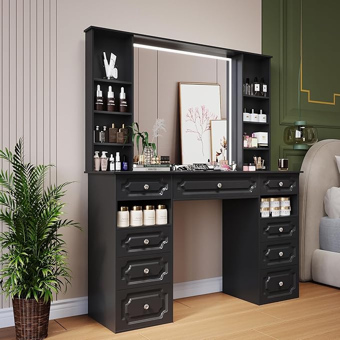 Vanity Desk with Lighted Mirror, 47” Heavy-Duty Large Makeup Vanity, 9 Drawer Dressing Table with Mirror, Elegant Make Up Desk for Bedroom (Black)
