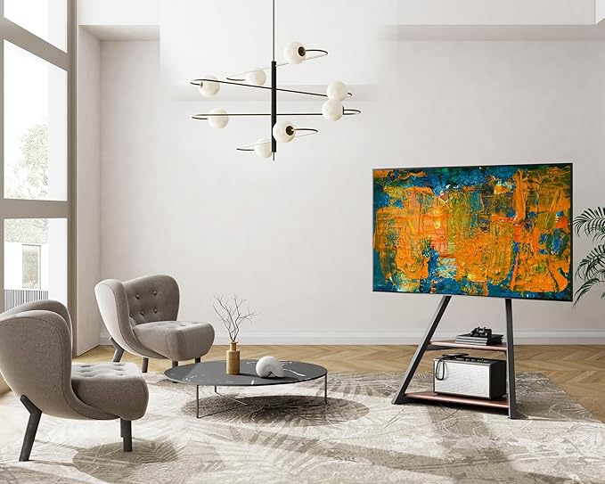 FITUEYES Design Corner TV Stand for 32 43 50 55 65 Inch TVs, Small Spaces Floor TV Stand Rolling TV Cart for LCD/LED Flat Curved Screens, Modern Living Room Television Stands, Eiffel Series, Black