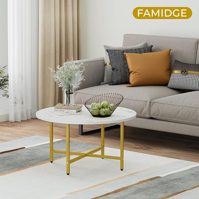 Coffee Table, 23.6" Coffee Tables for Living Room, Round Coffee Table with Metal Frame, Floor Table for Sitting on The Floor, Home, Office, White & Gold Legs