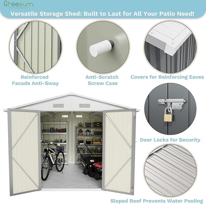 Greesum 8×10FT Outdoor Storage Shed, Metal Patio Storaged Sheds with Lockable Doors, Sheds & Outdoor Storage for Bike, Backyard, Pool and Garden, Gray
