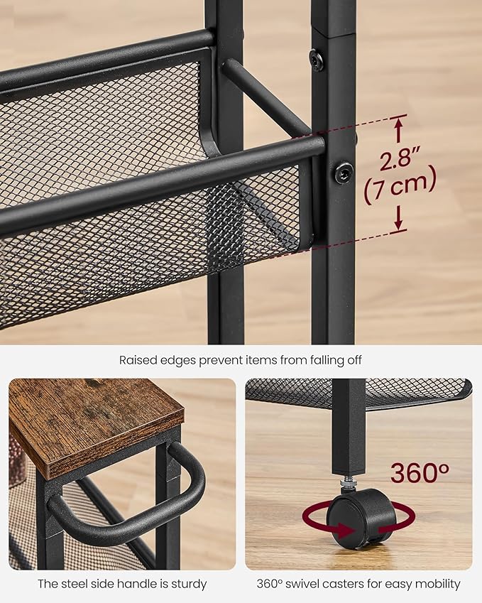 VASAGLE Slim Rolling Cart, 5-Tier Storage Cart, Narrow Carts with Handle, 5.1 Inches Deep, Metal Frame, for Kitchen, Dining Room, Living Room, Home Office, Rustic Brown and Classic Black ULRC034B01