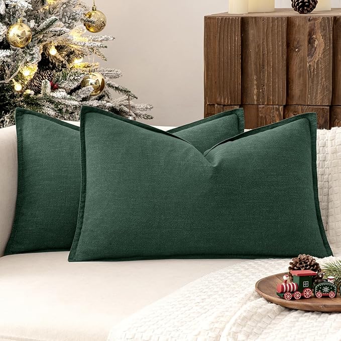 MIULEE Decorative Linen Lumbar Pillow Covers 12x20 Inch Dark Green Boho Farmhouse Neutral Couch Throw Pillows for Bed Pack of 2 Accent Modern Pillowcase Sofa Livingroom Home Decor