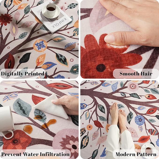 Area Rugs 8x10 for Living Room Clearance Bohemian Washable Rug Non Slip Floral Tree Low Pile Large Rug for Bedroom, Farmhouse, Dining Room, Kids Playroom, Beige