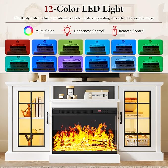 MXV 59'' Fireplace TV Stand, Farmhouse Entertainment Center with 3 Sided Glass TV Stand, Modern Media Console Table with Storage Drawers & Cabinets with LED Flame and Lights for Living Room, White