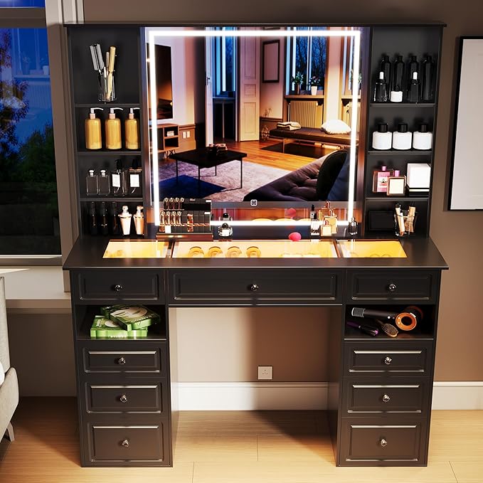 Extra Large Vanity Desk with Lighted Mirror, 47" Makeup Vanity with Glass Top, Black Vanity Table with 9 Drawers, Tall Vanity with Crystal Knobs for Bedroom (Minimalist Style)
