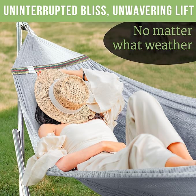 Tranquillo Double Hammock with Stand 650lb Capacity Double Hammock with Spreader Bar, Solid Grade 201 Stainless Steel 30s Set Up, Sturdy Flexible Hammock Stand Portable, Outdoor Indoor, Grey