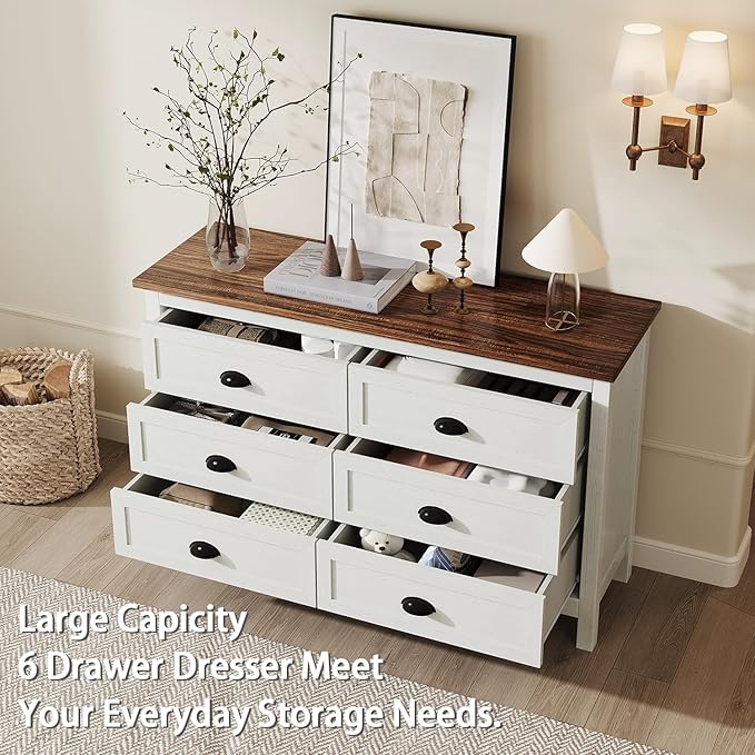 White Dresser for Bedroom, Farmhouse 6 Drawers Dresser, Wide Chest of Drawers with Metal Handles, Modern Wood Double Chest Storage Cabinet for Living Room, Bedroom, Hallway