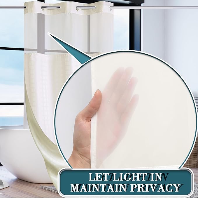 Conbo Mio Stall No Hook Shower Curtain with Snap in Liner Set, Hotel Luxury Beige Shower Curtains for Bathroom with See Through Top Window, Waterproof, Washable 36W x 74H