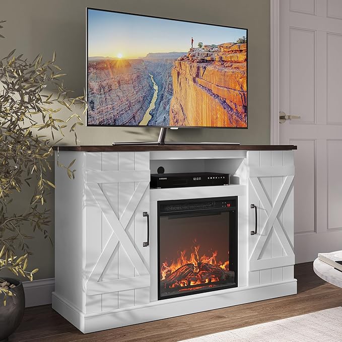 BELLEZE 47" TV Stand with 18" Electric Fireplace Heater & Media Entertainment Center Console Table for TV up to 50" with Open Storage Shelves & Cabinets - Veropeso (White)