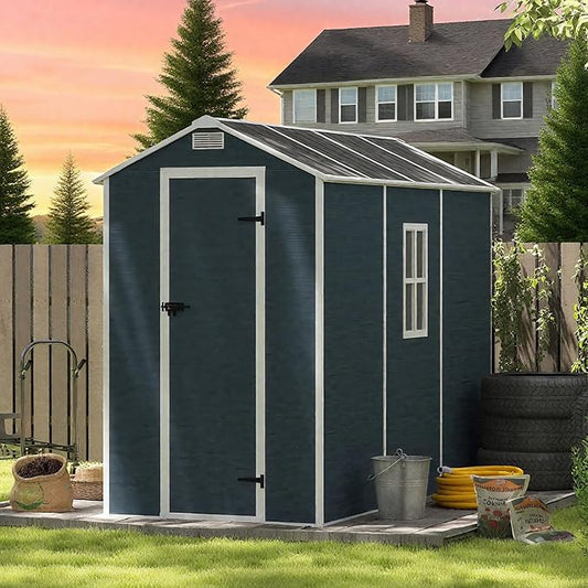 8x4 FT Outdoor Storage Resin Shed with Floor,Waterproof Plastic Garden Bike Shed with Lockable Door, Sloped Roof, Vents & Windows, Easy Assembly Tool Shed for Lawn, Backyard, Patio, Black