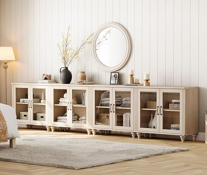 WAMPAT Large TV Stand for TVs up to 100 Inch, Beige Entertainment Center TV Console Table for 85/90/95/110 Inch TV, Accent Buffet Cabinet with Glass Door for Dining Room & Living Room