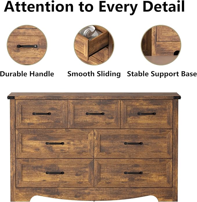 7-Drawer Dresser for Bedroom – 47" Wide Modern Wooden Chest with Natural Wood Texture, TV Stand & Storage, Metal Corner Brackets, Wood Drawer Organizer for Living Room, Hallway