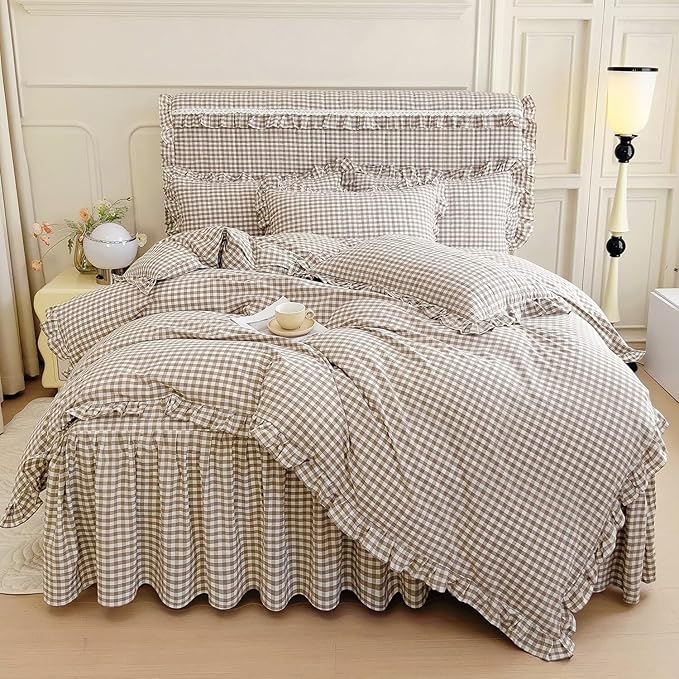 mixinni Vintage Ruffle Tan Gingham Comforter Set 3-Piece Washed Cotton Full Beige Grid Bedding Set with Taupe Geometric Checkered Pattern, Farmhouse Chic Soft Fluffy Comforter for All-Season