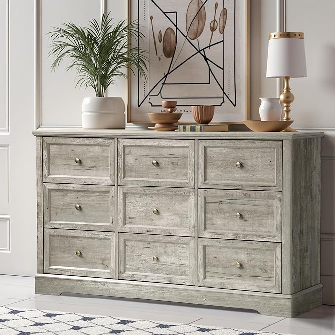 Farmhouse Dresser 9 Drawer, Bedroom Chest of Drawers, Dressers with 9 Drawers, Wooden Dressers for Bedroom, Living Room, Tv Stand, Entryway (Grey-9 Drawers)