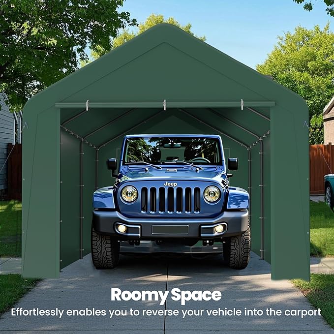 GOJOOASIS 10x20 Carport Heavy Duty Portable Garage Shelter Metal Car Canopy Tent with UV-Resistant & Weatherproof Top Cover for RV & Vehicles (Green, 10x20 with sidewalls)