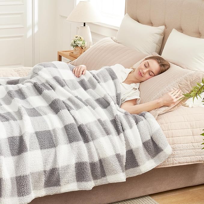 Cozy Bliss Ultra Soft Reversible Double Sherpa Sided Blanket, Buffalo Plaid Throw Blanket Fluffy Thick Warm Plush Fuzzy Blanket for Couch, Bed and Gifts (Grey, 60" x 80")