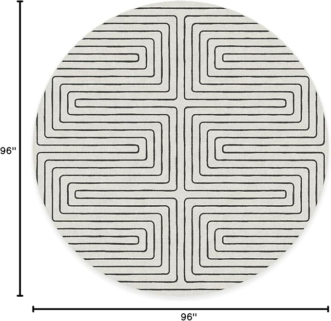RUGGABLE x Jonathan Adler Machine Washable Area Rug – Labyrinth Black/Ivory 8 ft Round, Stain-Resistant, Non-Slip – Large Rugs for Living Room, Bedroom, Hallway, Entryway & Office–with Cushioned Pad