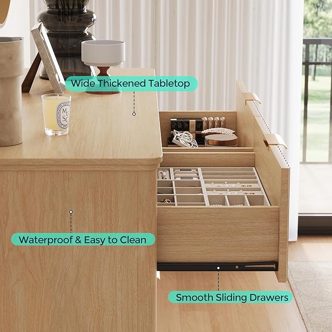 LINSY HOME Fluted Dresser for Bedroom with 8 Drawers, 47" Wide Chest of Drawers, Mid Century Modern Dresser TV Stand with Metal Handle, Wood Closet Storage Cabinet for Living Room, Hallway, Oak