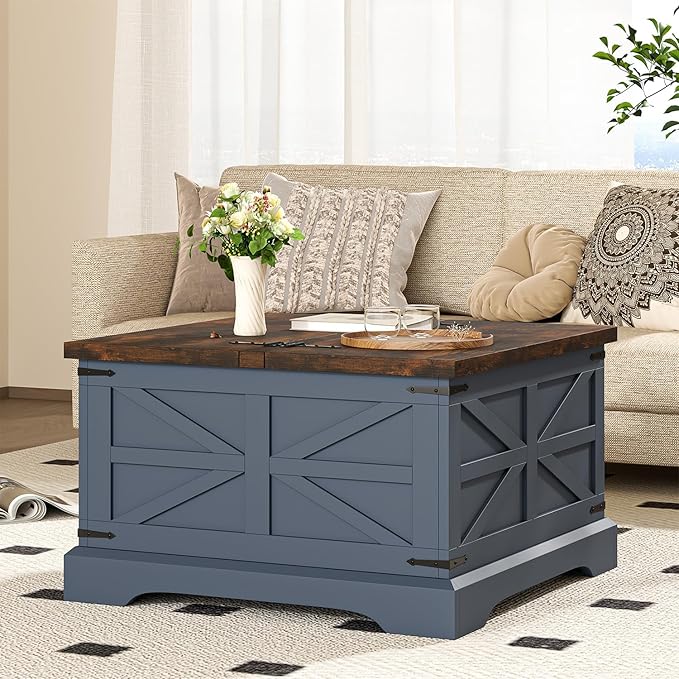 oneinmil Farmhouse Coffee Table with Storage Organizer, Square Coffee Tables with Large Storage Space, Center Table for Living Room, Bedroom, Home Office, Blue