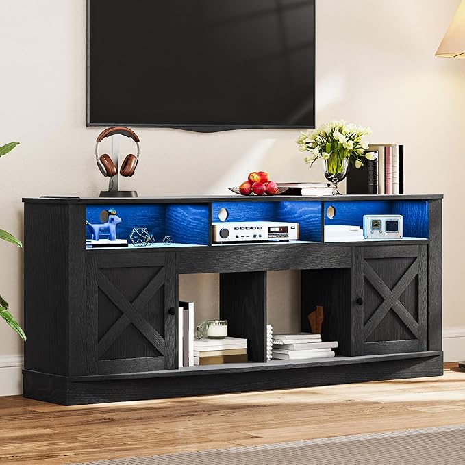 DWVO TV Stand for 75/80 Inch TV, Entertainment Center, LED Light Media Console, TV Cabinet with Barn Doors and Power Outlet for Living Room, Black