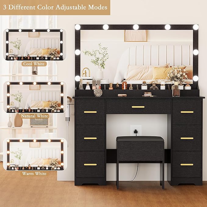 Makeup Vanity Desk with Mirror and Lights, Glass Top Vanity with 38" Lighted Mirror & Charging Station, Large Vanity Mirror with Lights Desk and Chair for Girls 3 Lightings Mode Adjusted, Black