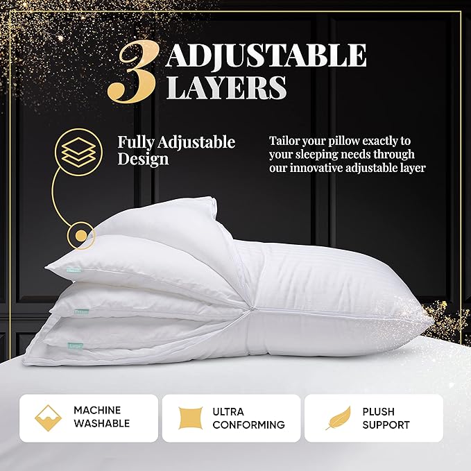 EverSnug Adjustable Pillows for Sleeping, Cooling Support, Set of 2 (Queen, Goose Feather)