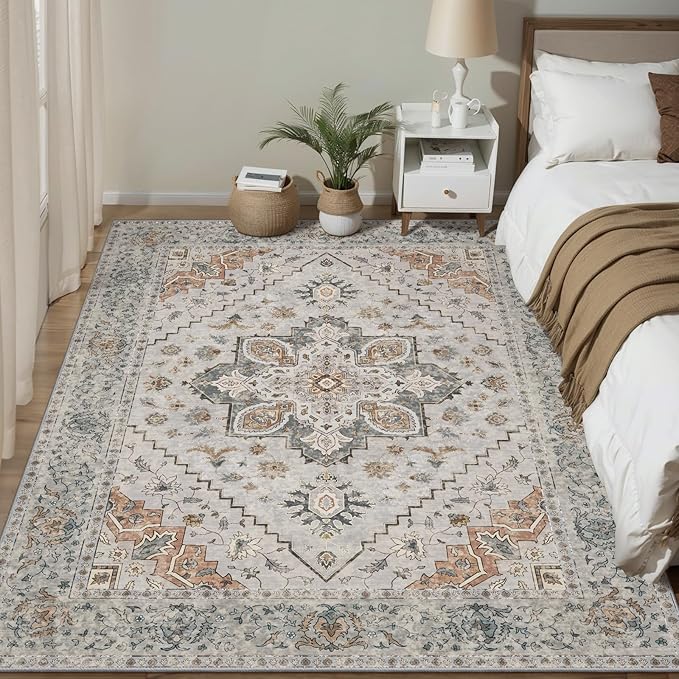Tangsoo 4x6 Area Rug for Living Room, Washable Vintage Indoor, Distressed Taupe Carpet for Bedroom, Non Slip Dining Room Rugs, Soft Low Pile Rugs Foldable Floor Rug for Dorm Bedside Bathroom