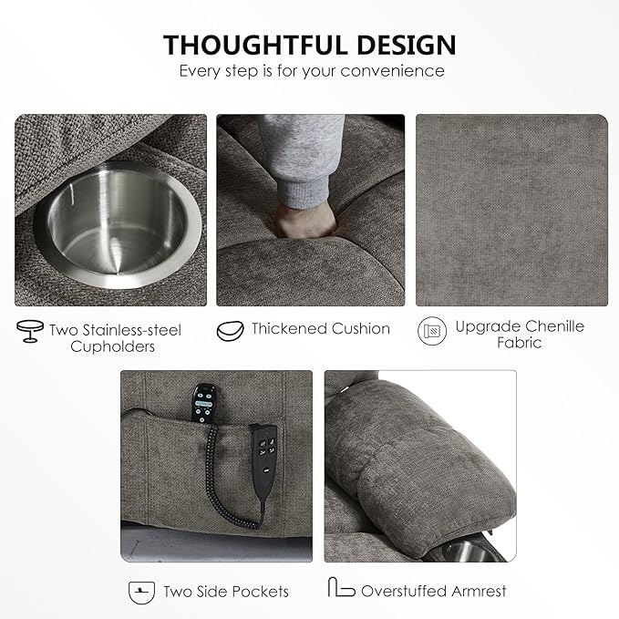 Oversized Recliner with Massage and Heating, Power Lift Chairs for Elderly, Extra Wide Recliner Chair for Living Room with Cup Holders, Dual Motor, Chenille Fabric - Brown