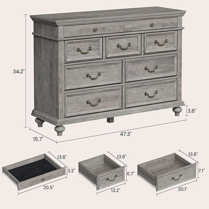 IDEALHOUSE 47" Farmhouse Dresser for Bedroom with 9 Drawers, Rustic Wood Chest with Vintage Metal Handles for Bedroom, Large Storage Organizer for Living Room, Entrance, Gray