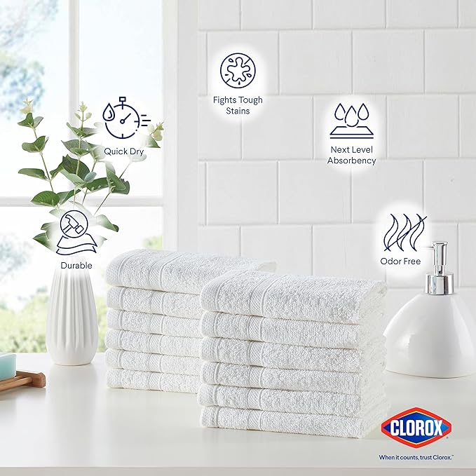 CLOROX Bleach Friendly, Quick Dry, 100% Cotton Washcloths (12" x 12"), Highly Absorbent Soft Lightweight, Ideal for Everyday Use, Easy to Wash (12 Pack, White)