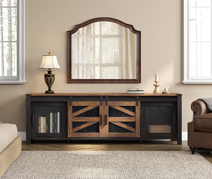 WAMPAT Farmhouse TV Stand for ups to 75 inch TV,Sliding Barn Door Entertainment Center Media TV Console Table with Storage Shelf for Living Room Bedroom，Dark Walnut and Black