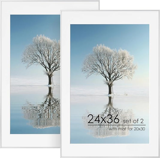 24x36 Metal Picture Frame For Wall With Mat For 20x30, 24''x36'' Aluminum Photo Frames With Tempered Glass For Home Decor, Minimalist Modern Poster Frame Horizontally Vertically Set of 2, Silver