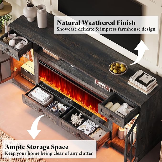 AMERLIFE 70“ Fireplace TV Stand for 80 Inch TV, Farmhouse TV Stand with 42" Fireplace & LED Lights, Entertainment Center with Storage Drawers & Cabinets, Dark Rustic Oak