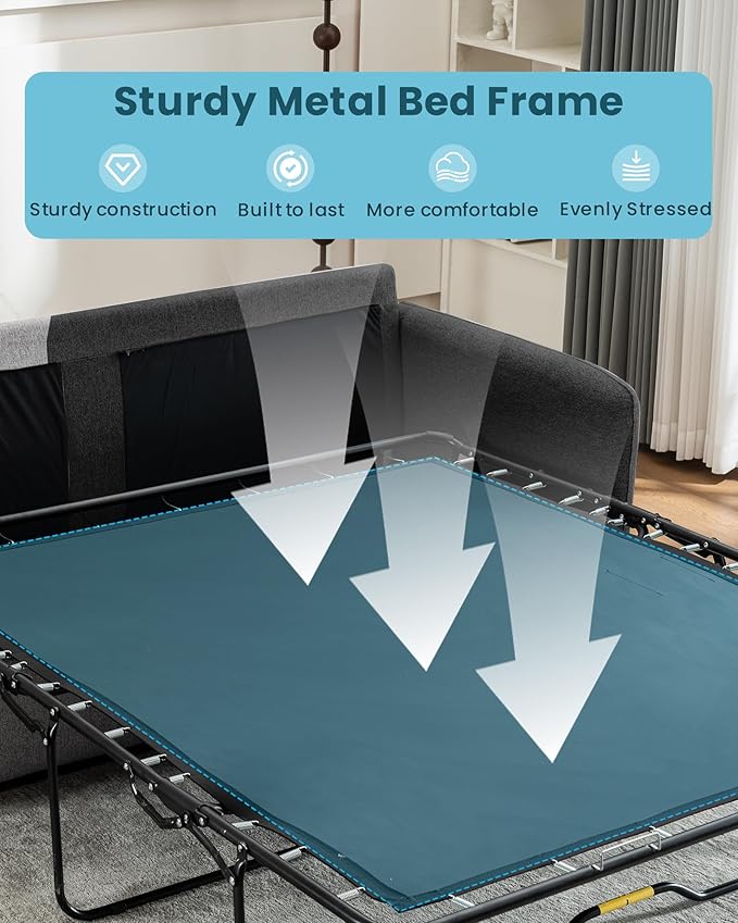 Queen Size Pull Out Sofa Bed, Convertible Sleeper Sofa Couch with Pullout Bed, 2 in 1 Sofa Bed Couch with Memory Foam Mattress for Living Room Office, Space-Saving, Dark Grey