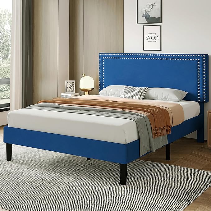 VECELO Full Size Bed Frame with Adjustable Upholstered Headboard, Wooden Slats Platform, Noise-Free Design, Easy Assembly