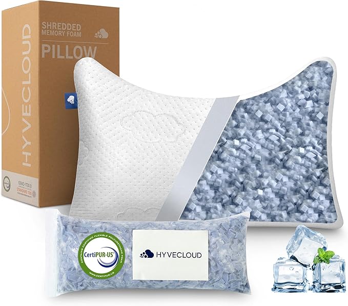 Cooling Side and Back Pillow - Comfort for Neck and Shoulder Pain - Crush Memory Foam Cooling Pillow, Adjustable Soft Bed Pillow,Crescent White-Cooling++, Queen+Extra Fill Pack of 1