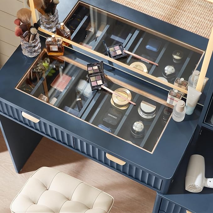LEYAOYAO Vanity Desk with Mirror and Lights, 43.5'' Fluted Makeup Vanity with 6 Drawers and Adjustable Shelves, Navy Blue Make Up Vanity Wood Dressing Table with Glass Top and Power Outlet for Bedroom