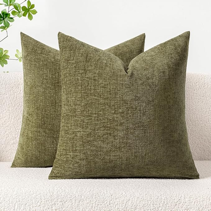 MIULEE Pack of 2 Couch Throw Pillow Covers 16x16 Inch Soft Olive Green Chenille Pillow Covers for Sofa Living Room Solid Dyed Pillow Cases