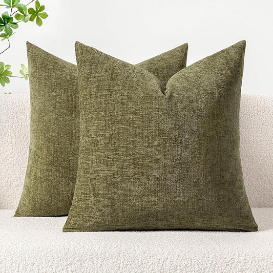 MIULEE Pack of 2 Couch Throw Pillow Covers 16x16 Inch Soft Olive Green Chenille Pillow Covers for Sofa Living Room Solid Dyed Pillow Cases