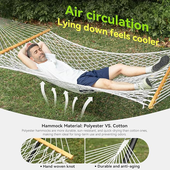 Double Hammock for 2 Person, Handwoven Cotton Rope Hammock with Spreader Bar Without Stand - Indoor & Outdoor Use for Patio, Poolside, Backyard (White)