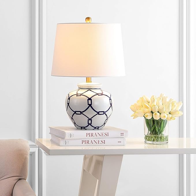 SAFAVIEH Lighting Collection Anders White/ Blue 21-inch Bedroom Living Room Home Office Desk Nightstand Table Lamp (LED Bulb Included)