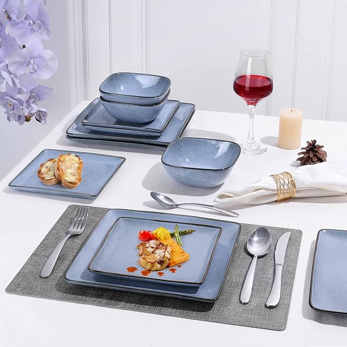 Herogo 12-Piece Square Stoneware Dinnerware Set for 4, Dinner Plates and Bowls Sets, Double Reactive Glaze Dishware Place Setting for Kitchen, Scratch Resistant, Microwave Safe, Haze Blue