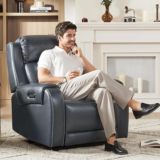 CHITA Genuine Leather Power Recliner Chair for Adults, Electric Wall Hugger Recliner with Adjustable Power Headrest & USB/Type-C Ports, Compact for Small Spaces & Living Rooms, Navy Blue