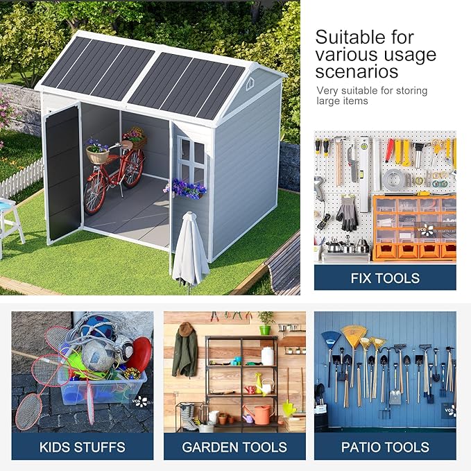 8x6 FT Resin Storage Sheds with Floor Waterproof Outdoor Shed Kit, Outside Plastic Sheds with 2 Windows for Backyard Garden Patio Lawn Tools