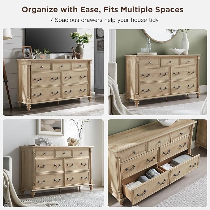 T4TREAM Farmhouse 7 Drawers Dresser Chests for Bedroom with 4 Solid Wood Feet, Tall Wide Wood Country Rustic Chest of Drawers, Storage Dressers for Bedroom, Living Room,Natural Oak