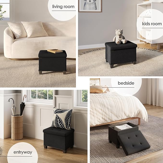 STORAGEBUD Storage Ottoman Cube with Small Bin, 16-in Square Ottoman with Storage for Living Room and Bedroom, Small Ottomans Foot Rest, Fabric Foot Stools Ottomans Max 330lbs, Black