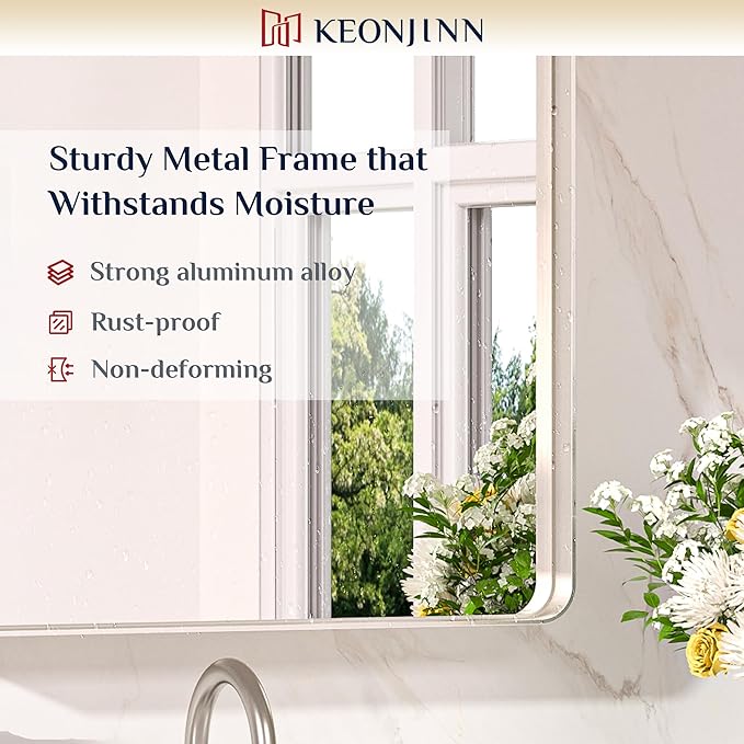 Keonjinn 22 x 30 Brushed Nickel Bathroom Mirrors for Over Sink, Rounded Rectangle Bathroom Vanity Mirror, Brushed Silver Framed Farmhouse Mirror, HD Tempered Glass Wall Mirror(Horizontal/Vertical)
