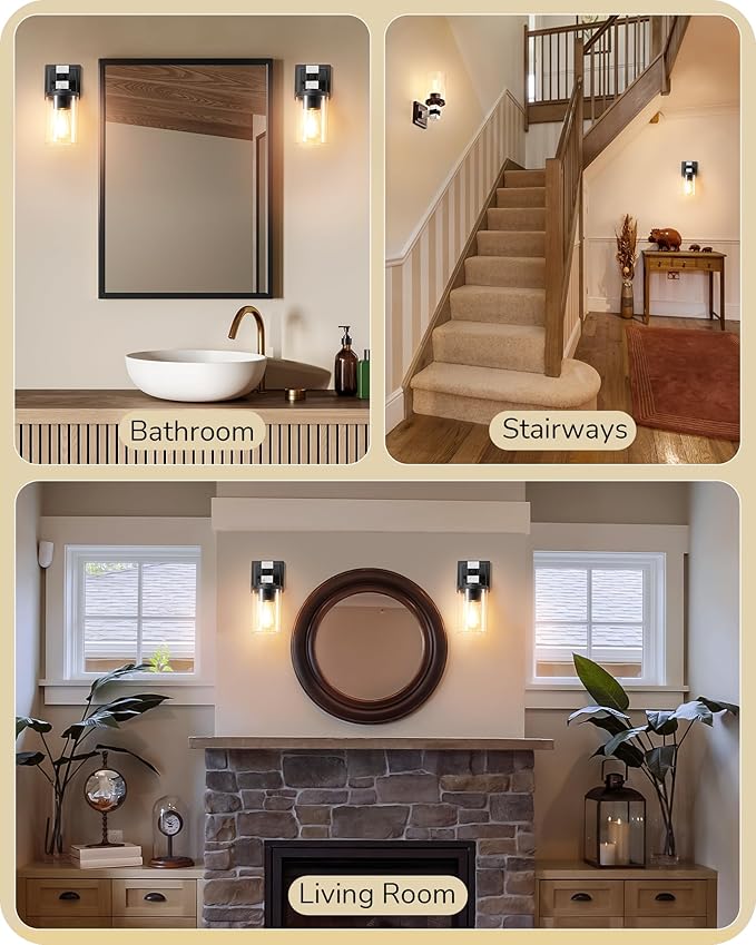 EDISHINE Wall Sconces Set of 2, Industrial Vanity Light Fixtures with Clear Glass Shade & White Textured Finish, 1-Light Wall Mount Lamp for Bathroom, Hallway, Living Room, Mirror, Kitchen