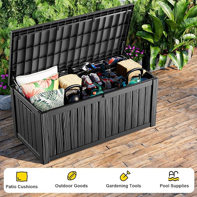 120 Gallon Outdoor Storage Box, Resin Waterproof UV-Resistant Deck Box with Hydraulic Lid Support, Reinforced Stability for Patio, Garden, and Poolside, Striped Black